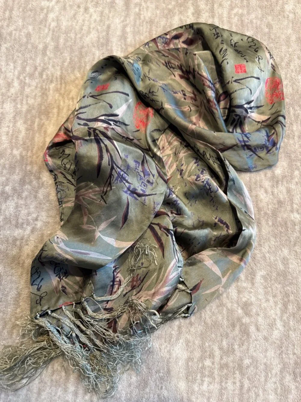 Japanese Floral Delicate Earthy Crunchy Green Luxury Silk Scarf with Fringe